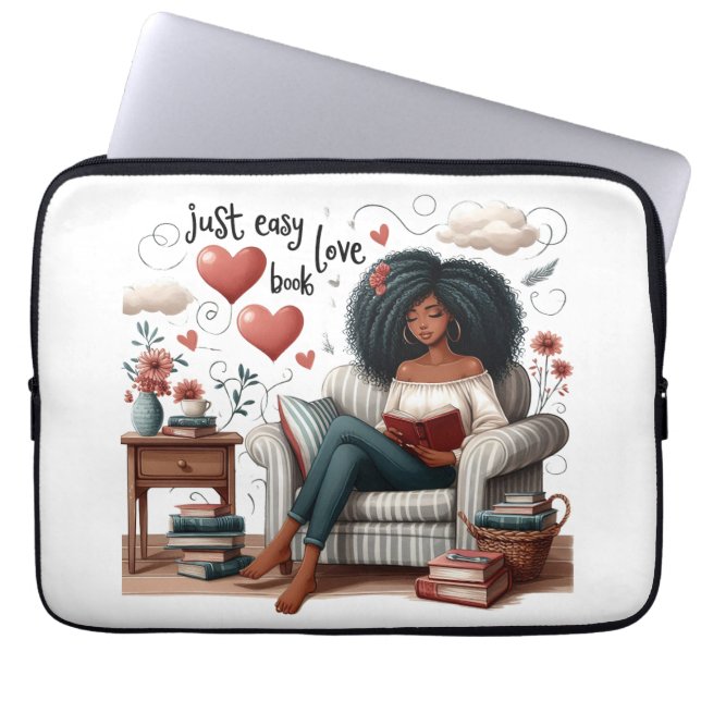 Just Easy Love Book, African American Girl Reading Laptop Sleeve (Front)