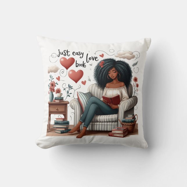 Just Easy Love Book, African American Girl Reading Throw Pillow (Front)