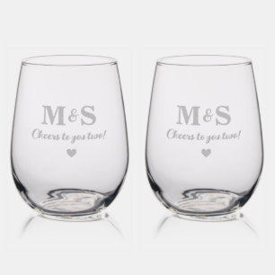 Just Engaged Cheers Bride Groom Monogram Initials Stemless Wine Glass