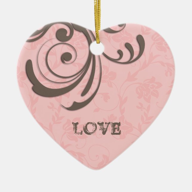Just Engaged First Christmas Pink Heart Swirl Ceramic Ornament (Front)