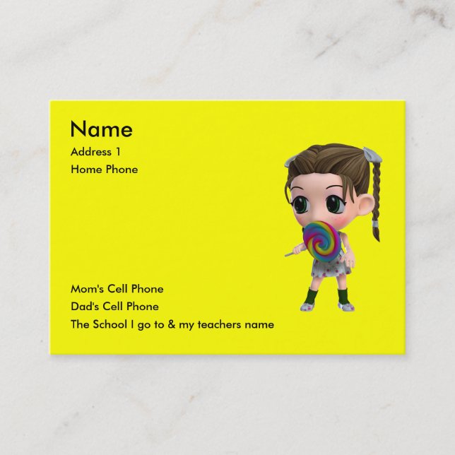 Just for Kids Calling Card (Front)