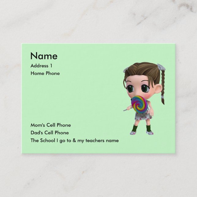 Just for Kids Calling Card (Front)