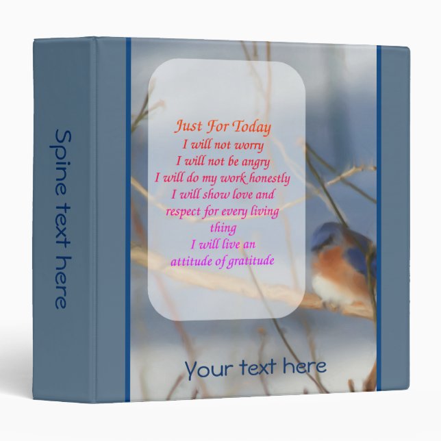 Just For Today Bluebird Inspirational Personalized 3 Ring Binder (Front/Spine)