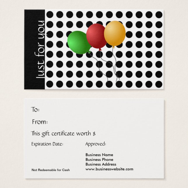 Just For You Gift Card Black and White Polka Dots (Front & Back)