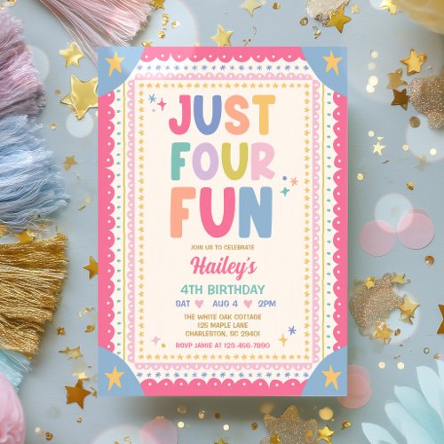 Just Four Fun Whimsical Girl 4th Birthday Party Invitation