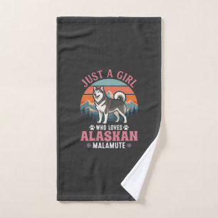 Just Girl Alaskan Malamute Dog Retro Sunset Mounta Hand Towel