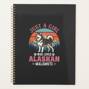 Just Girl Alaskan Malamute Dog Retro Sunset Mounta Planner