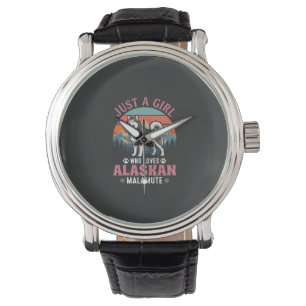 Just Girl Alaskan Malamute Dog Retro Sunset Mounta Watch