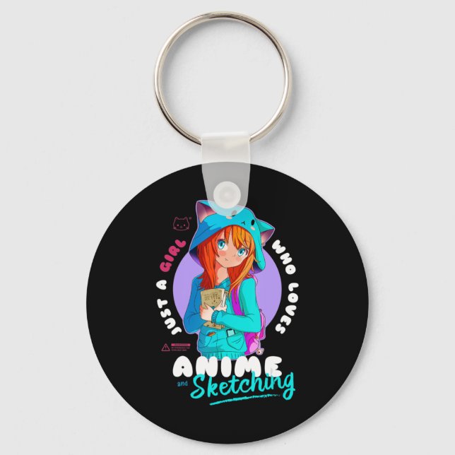 Just Girl Loves Anime Sketching Ramen Manga Otaku Keychain (Front)