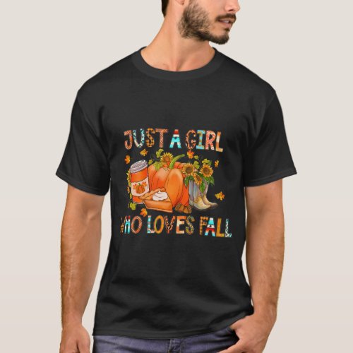 Just Girl Who Loves Fall Cowgirl Boots Pumpkin T_Shirt
