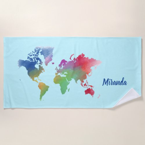 Just Go Watercolor World Map Beach Towel
