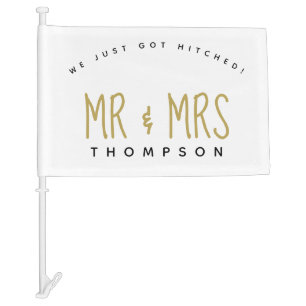 Just Got Hitched Mr and Mrs Name White Car Flag