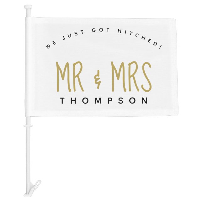 Just Got Hitched Mr and Mrs Name White Car Flag (Front)