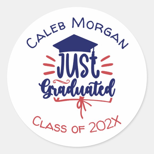 Just Graduated Red & Blue Personalized Classic Round Sticker (Front)