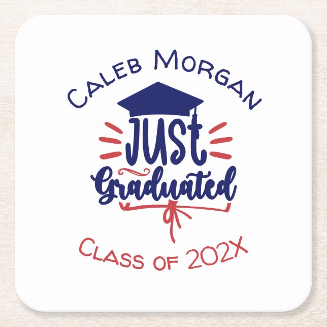 Just Graduated Red & Blue Personalized Square Paper Coaster (Front)