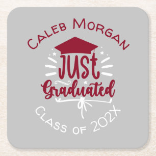 Just Graduated Red & White Personalized Square Paper Coaster