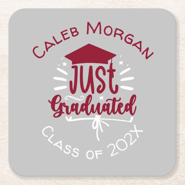 Just Graduated Red & White Personalized  Square Paper Coaster (Front)