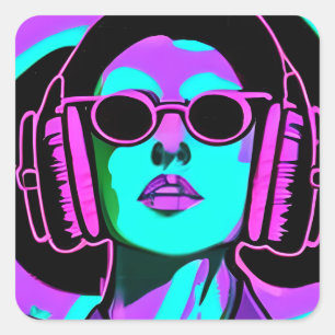 Just Groovin' Music Headphones Psychedelic Lady Square Sticker
