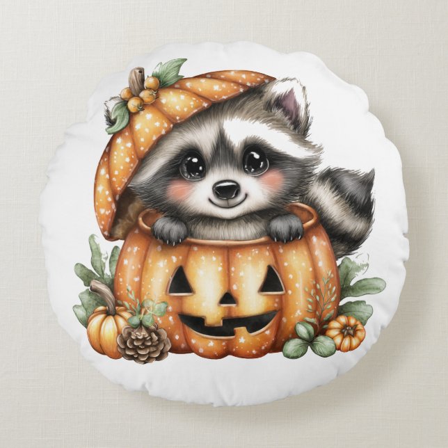 Just hanging around, Playful Raccoon In Pumpkin Round Pillow (Front)