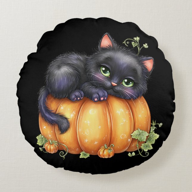 Just hanging around, Resting Kitten In Pumpkin Round Pillow (Front)