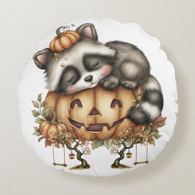 Just hanging around, Sleepy Racoon Round Pillow (Front)