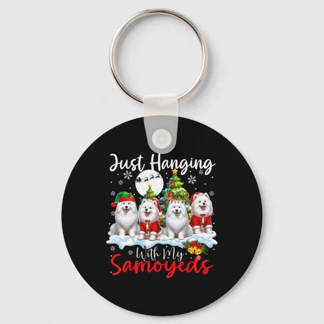 Just Hanging With My Samoyeds Xmas Three Santa Dog Keychain (Front)