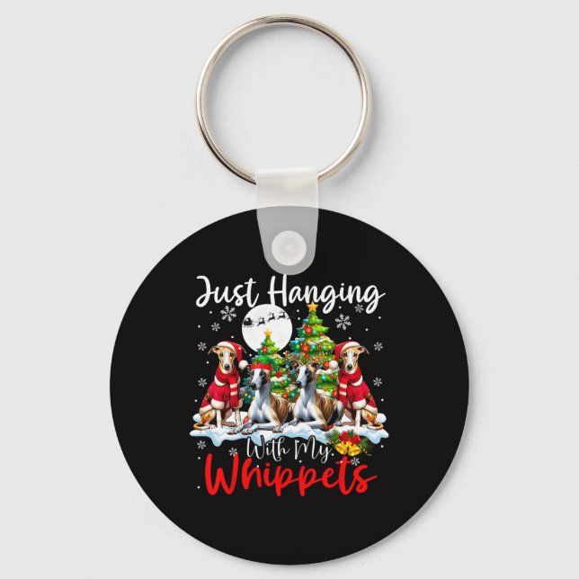 Just Hanging With My Whippets Xmas Three Santa Dog Keychain (Front)