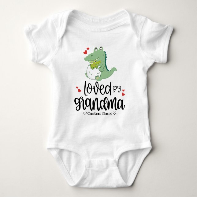 Just Hatched Green Dinosaur - Loved by Grandma Baby Bodysuit (Front)