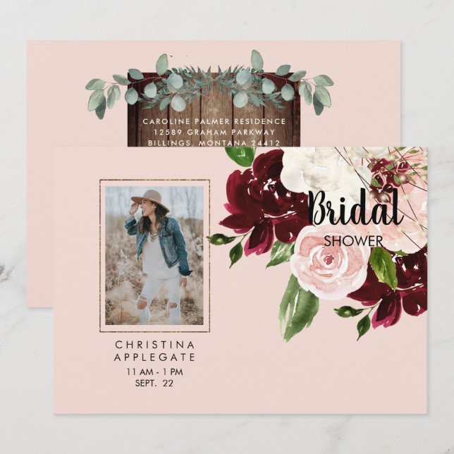 Just Her Blush Photo Floral Bridal Shower Invitation (Front/Back)