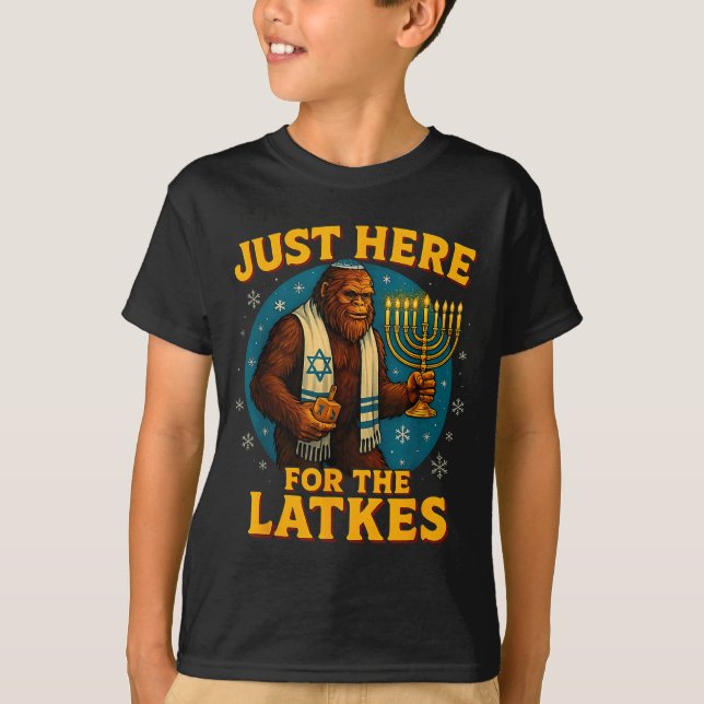 Just Here For The Latkes Funny Hanukkah Bigfoot  T-Shirt (Front)