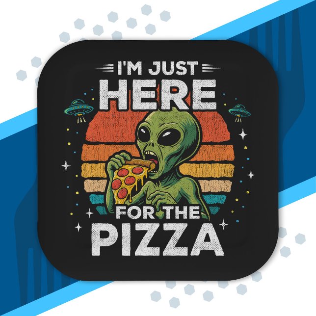 Just Here for the Pizza Retro Space Funny Alien Paper Plates (Creator Uploaded)
