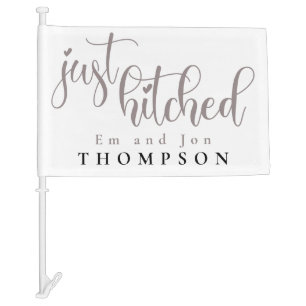 Just Hitched Elegant Script Name White Car Flag