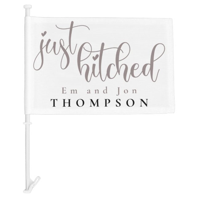 Just Hitched Elegant Script Name White Car Flag (Front)