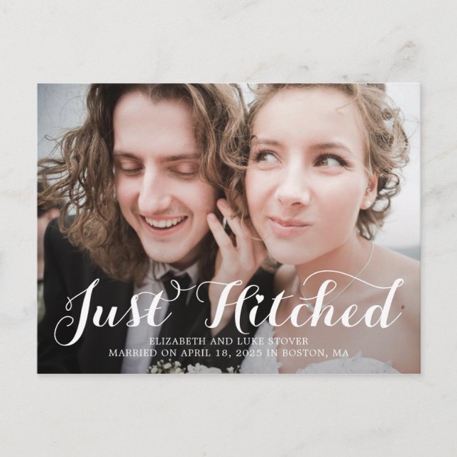 Just Hitched Wedding Announcement Elopement Postcard (Front)