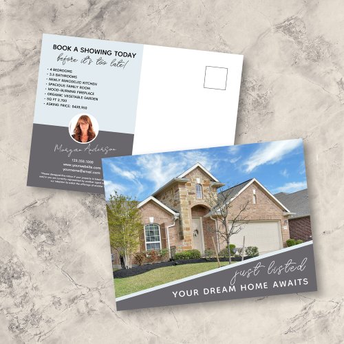 JUST LISTED Gray Blue Real Estate Marketing Postcard