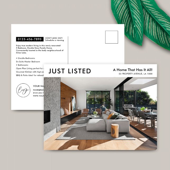 Just Listed Minimalist Property For Sale Marketing Postcard (Modern black and white just listed property for sale or rent marketing postcards with photo)