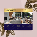 Just Listed Navy & Gold Real Estate Marketing Postcard<br><div class="desc">Modern Navy Blue and Gold Just Listed Real Estate marketing postcard with space for your logo, property photo and property details with icons. This customizable navy and faux gold Property For Sale promotional postcard features a professional design with space for your custom text and property details. An easy way to...</div>