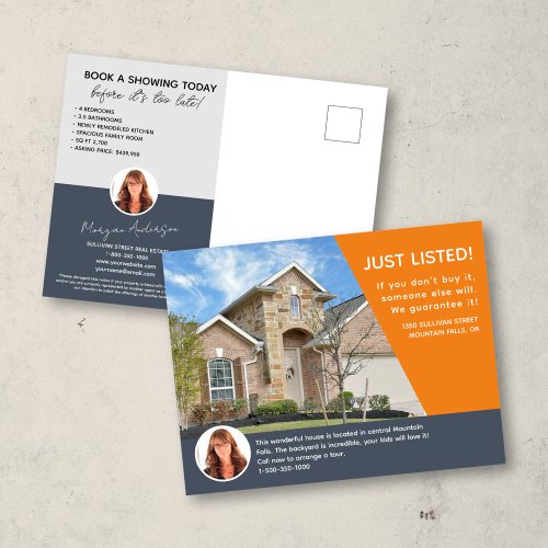JUST LISTED Orange Photo Real Estate Marketing Postcard