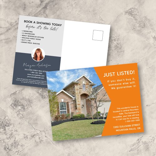 JUST LISTED Orange Photo Real Estate Marketing Postcard