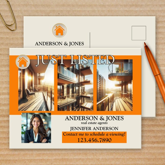 Just Listed Professional Photo Real Estate Postcard (Real Estate marketing postcard featuring your custom photos on a bold orange and tan design)