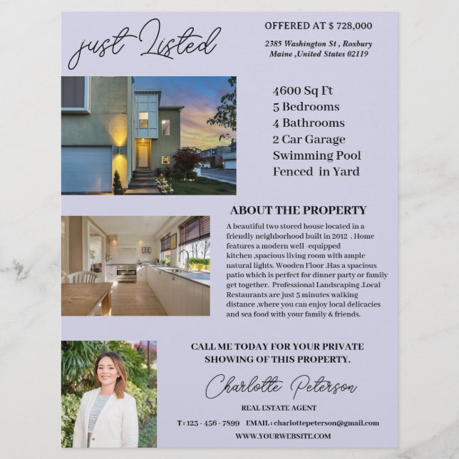 Just Listed Real Estate Agent Flyer (Front)
