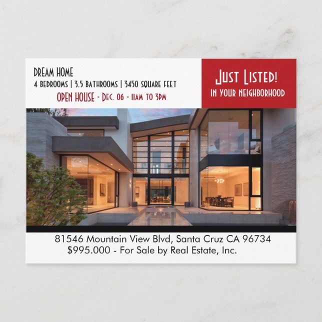 JUST LISTED  Real Estate postcard (Front)