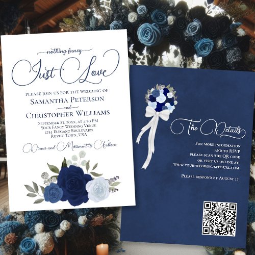Just Love Blue Roses Boho Floral QR Code Wedding Invitation