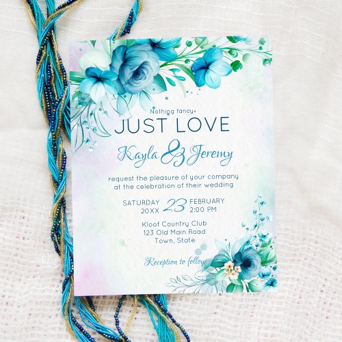 Just love blue teal flowers budget wedding invite