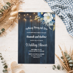 Just Love Blue Wood String Lights Wedding Shower Invitation