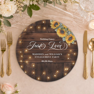 Just Love Brown Wood String Light Engagement Party Paper Plates