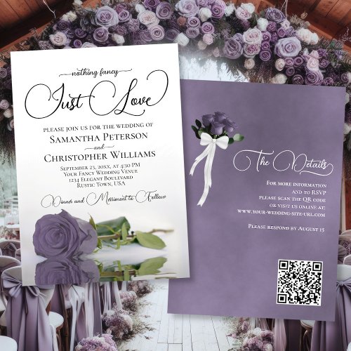 Just Love Chic Dusty Purple Rose QR Code Wedding Invitation