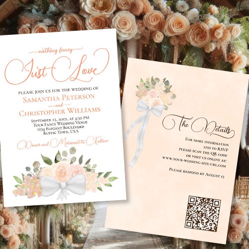 Just Love Coral Peach Boho Floral QR Code Wedding Invitation