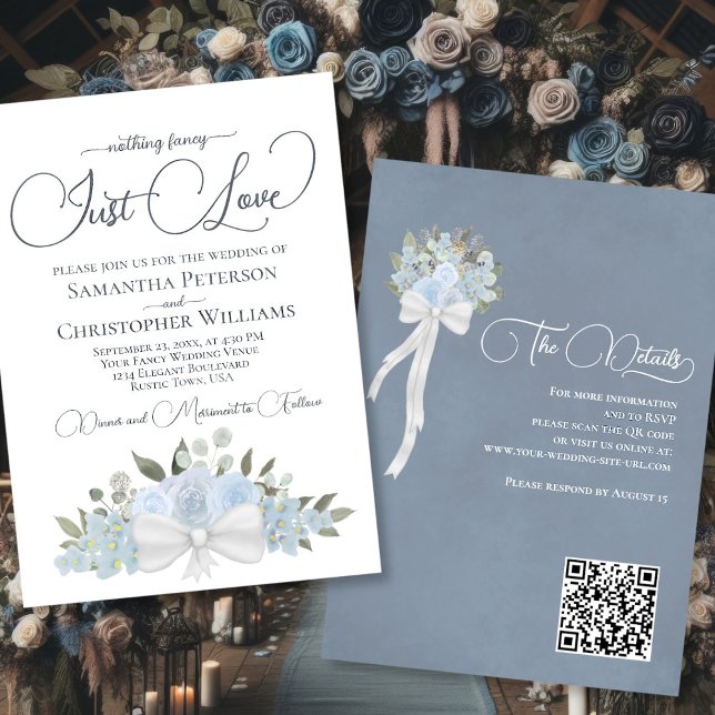 Just Love Dusty Blue Boho Floral QR Code Wedding Invitation (Front/Back)
