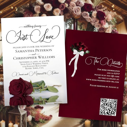 Just Love Elegant Burgundy Rose QR Code Wedding Invitation